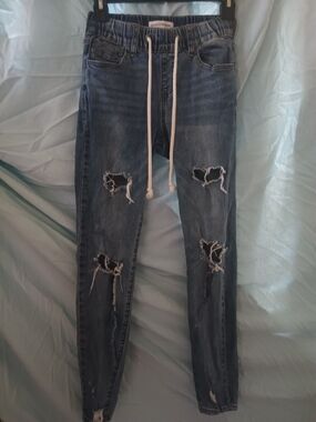 Women's Skinny Distressed Indigo Jeans with Drawstring Waist